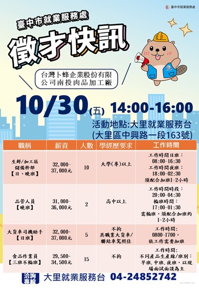 台灣卜蜂大里1030單徵海報